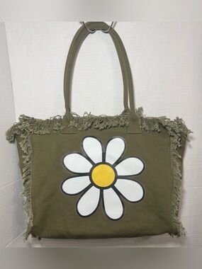 Olive Green Daisy Fringe Canvas Tote